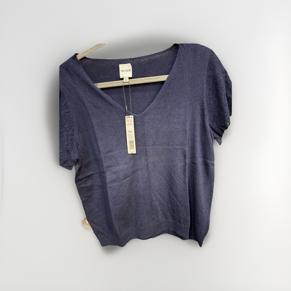 NWT NIC Zoe Pointelle Sleeve Sweater Top Womens V Neck M Indigo Short Sleeve